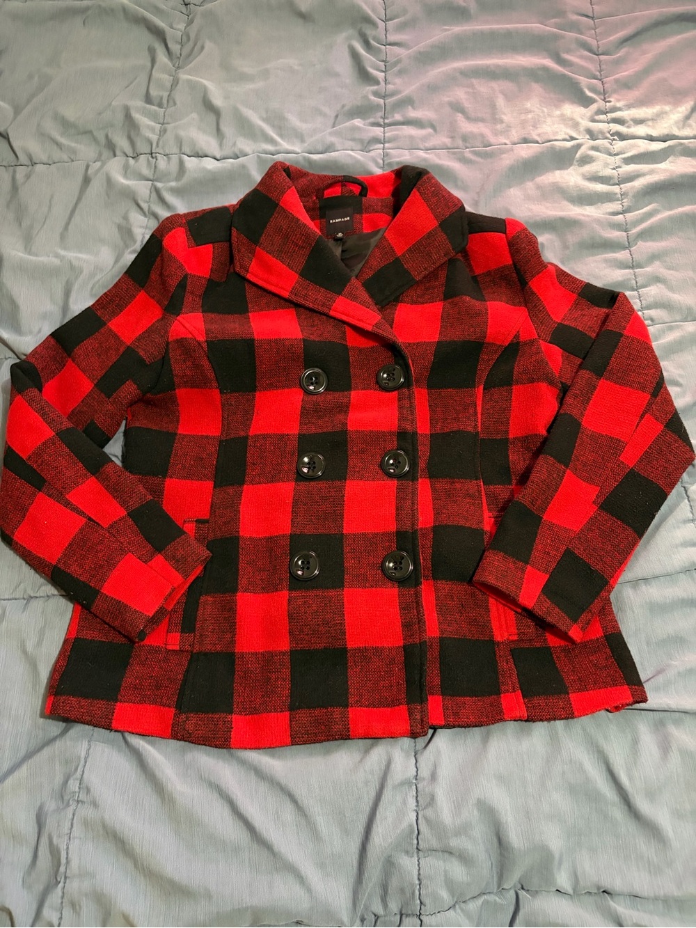 Rampage Red & Black Buffalo Plaid Double-Breasted Peacoat